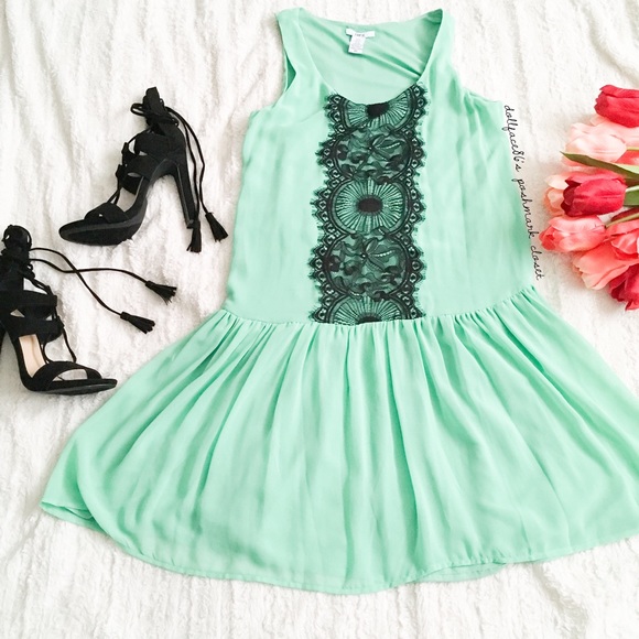 * Bar III Mint + Black Lace Drop Waist Dre… - Picture 2 of 8